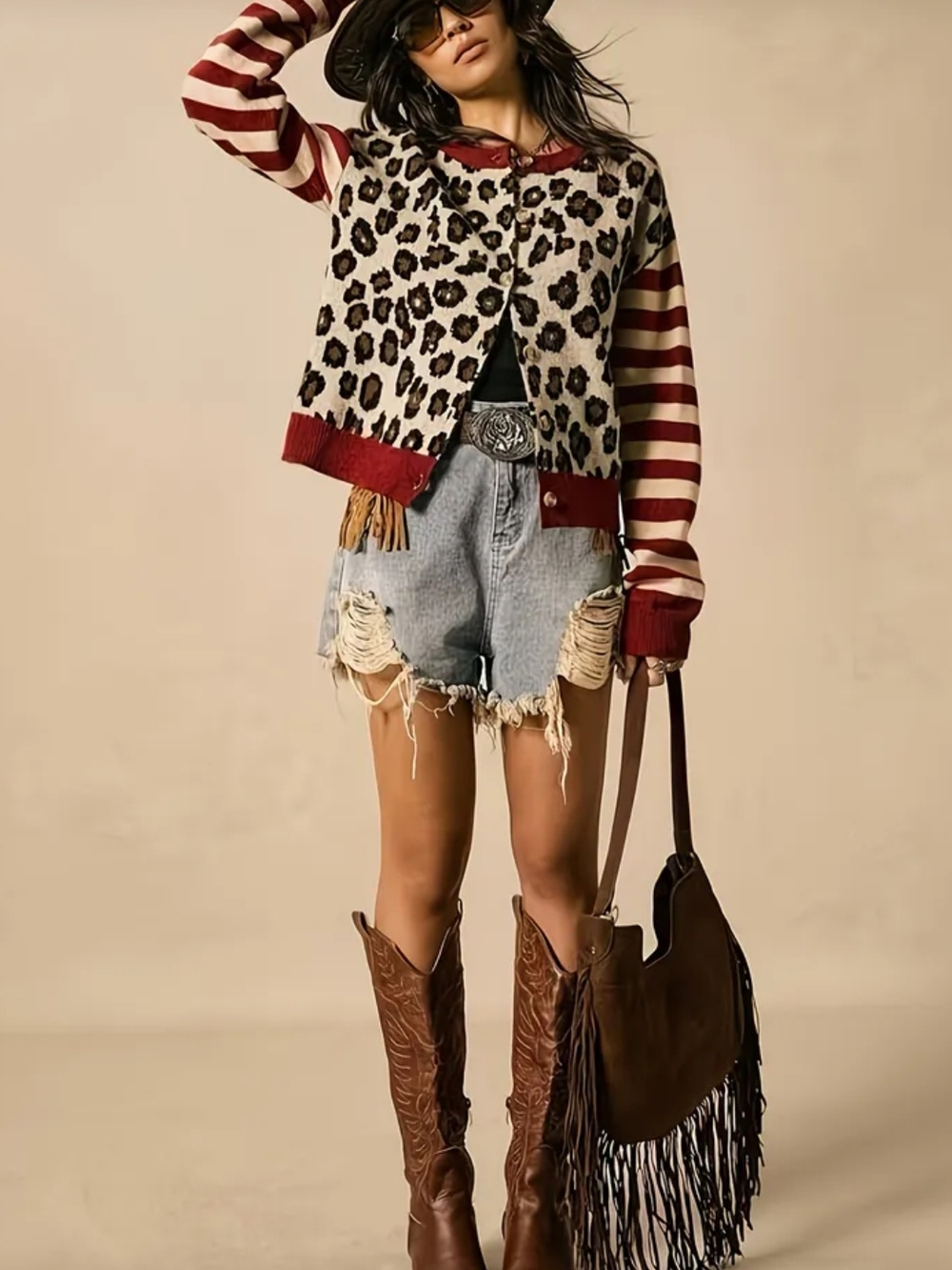 Leopard Print & Striped Cardigan with Red Trim